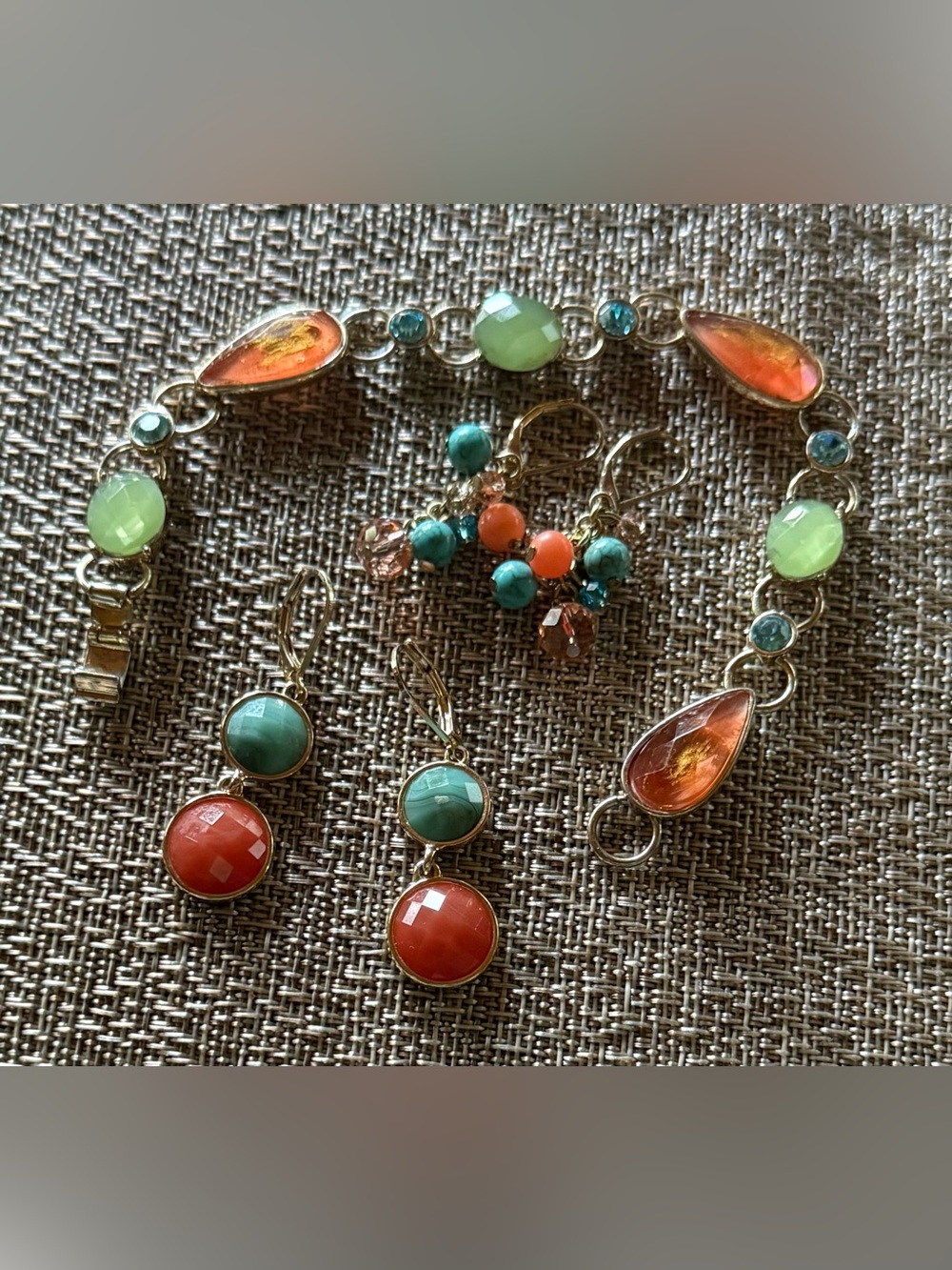 Gold-Tone Coral & Teal Gemstone Drop Earrings and Bracelet Set